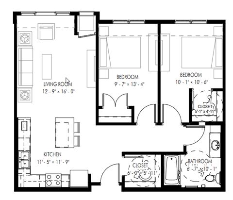 Floor plan for 2 beds, 986 sqft
